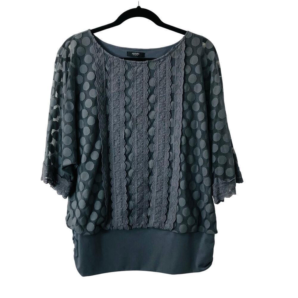 Alfani Woman polka dot mesh overlay boho crochet detail flare sleeves (T2)